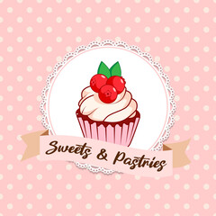 Cupcake. Bakery. Desserts. Logo for pastry bakery, pastry shop, desserts. Bakery design on pink polka dot background