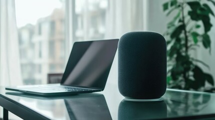 Fototapeta premium A minimalist workspace setup featuring a thin laptop and a smart speaker on a glass desk.