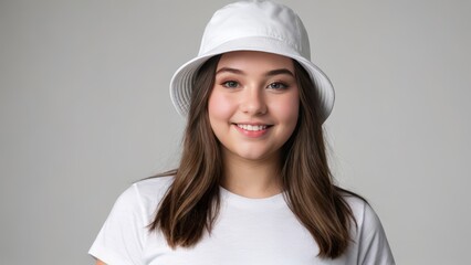 Plus size teenage girl wearing white t-shirt and white bucket hat isolated on grey background