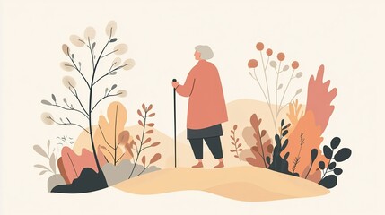 Elderly woman walking in autumn nature illustration with walking stick