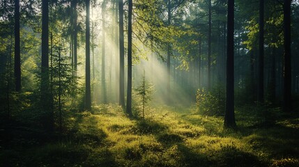 Fototapeta premium Sunbeams filtering through misty forest at dawn
