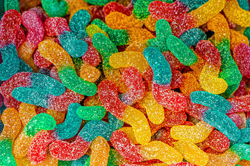 Assorted colorful gummy jelly candies. Top view. Jelly sweets.