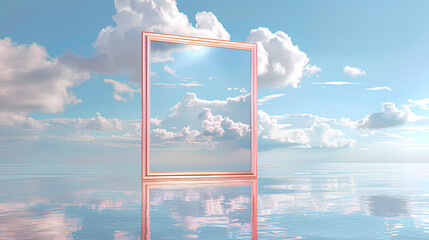 Pink pastel, water reflection with white clouds and sky in the background, cute, dreamy, in the style of anime, golden frame