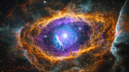 Obraz premium A vibrant, detailed nebula in space with purple, blue, and orange gases swirling around a bright star, creating a spectacular supernova background