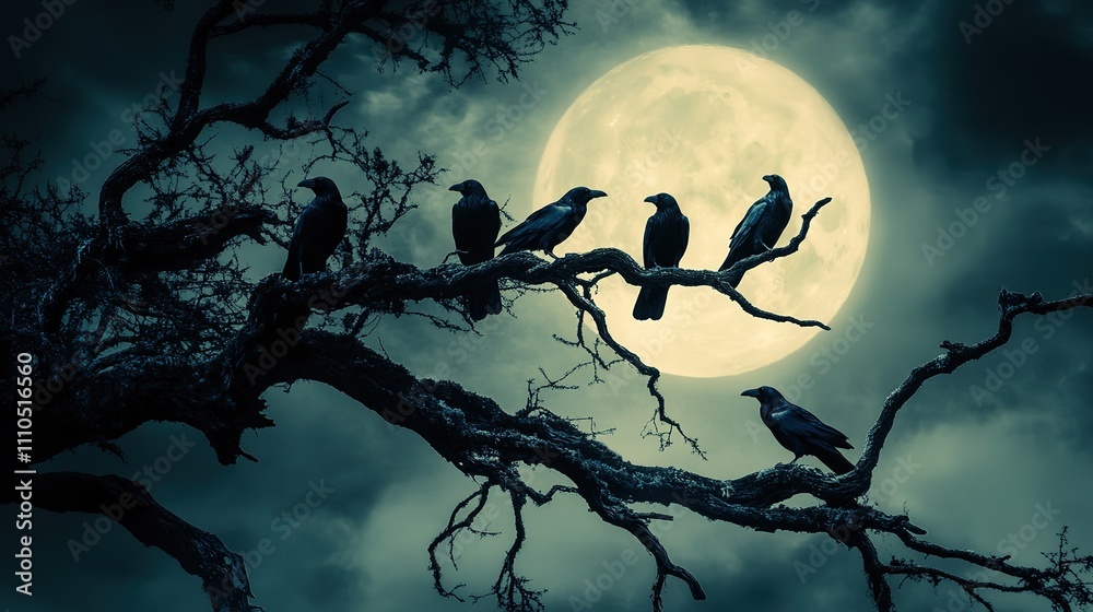 Wall mural five crows perched on a barren tree branch at night, silhouetted against a large full moon.