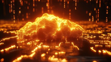 An abstract 3D model of a glowing digital cloud surrounded by binary data streams.