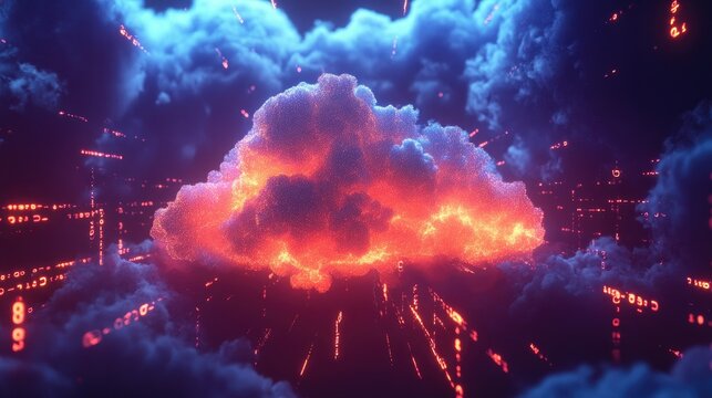 An abstract 3D model of a glowing digital cloud surrounded by binary data streams.