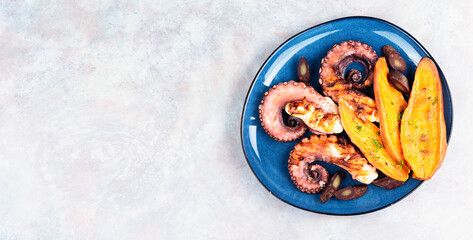 Delicious grilled octopus and sweet potato.