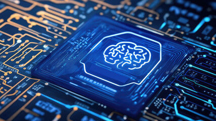 an icon of a blue digital brain, set against a background of a circuit board. The design should convey the concepts of artificial intelligence and computer technology,generative ai
 
