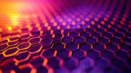 Close-up of a hexagonal metal grid illuminated with glowing light, creating a modern, abstract texture that highlights the interplay of shadow and shine.