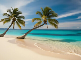 Obraz premium Serene Beach in Krabi, Thailand: White Sand, Crystal Blue Water, Palm Trees, and Clear Sky 