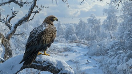 Fototapeta premium Stunning view of a golden eagle perched on a tree in the snow-covered Vitbergets Nature Reserve, with the serene Swedish winter setting framing its elegance.