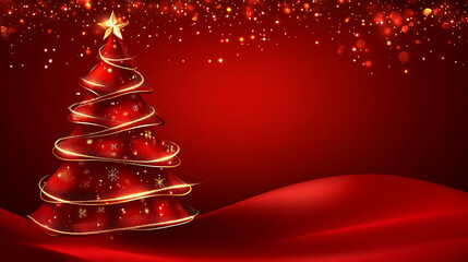 Christmas background with xmas tree and sparkle bokeh lights on red canvas background