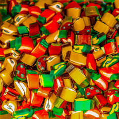 Assorted colorful gummy jelly candies. Top view. Jelly sweets.