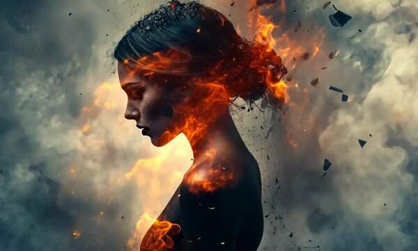 young woman in black and red dress with fire