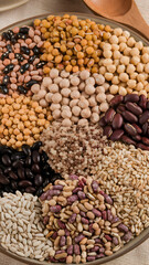 A variety of dried beans and legumes arranged in a circular pattern on a plate The assortment includes chickpeas, lentils, black beans, kidney beans, and more, showcasing different colors and textures