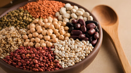 Fototapeta premium A wooden bowl filled with various types of dried legumes and grains, including lentils, chickpeas, and beans, arranged in a visually appealing manner. A wooden spoon is placed beside the bowl.
