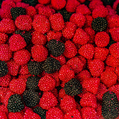 Assorted colorful gummy jelly candies. Top view. Jelly sweets.
