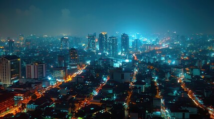 Fototapeta premium A vibrant city skyline illuminated at night, showcasing skyscrapers and busy streets, with a blue-hued glow enhancing the urban atmosphere.
