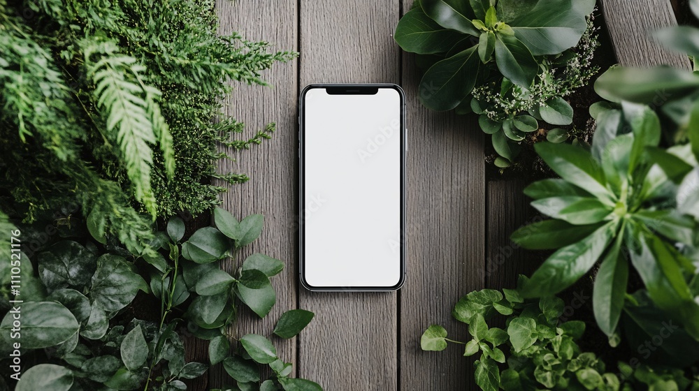 Poster smartphone with blank screen displaying on wooden table surrounded by green plants