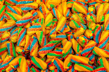 Assorted colorful gummy jelly candies. Top view. Jelly sweets.