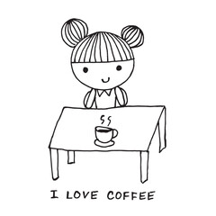 Cute girl with coffee doodle cartoon character hand drawing isolated