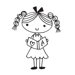 Cute girl reading doodle cartoon character hand drawing isolated