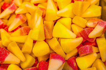 Assorted colorful gummy jelly candies. Top view. Jelly sweets.
