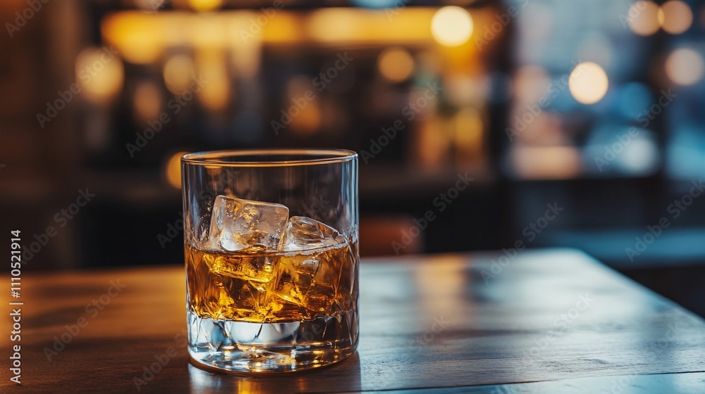 Poster glass of whisky with ice cubes sitting on bar counter in blurred restaurant background
