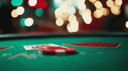 A casino table with poker chips and playing cards.