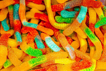 Assorted colorful gummy jelly candies. Top view. Jelly sweets.