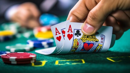 A poker player reveals a pair of aces.