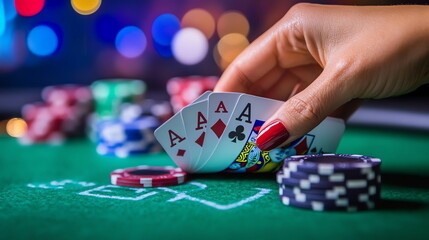 A player at a poker table reveals four aces.