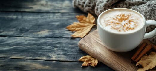 Fototapeta premium Coffee with cinnamon and autumn leaves, warm cozy setting, wooden background, knitted blanket, seasonal ambiance, copy space for text