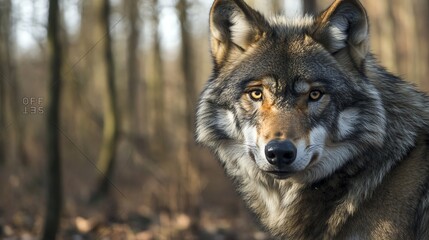 Fototapeta premium A wolf looks at the camera in a forest.
