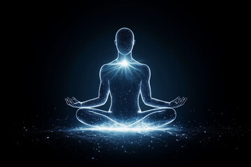 A person is meditating in a dark room with a glowing body