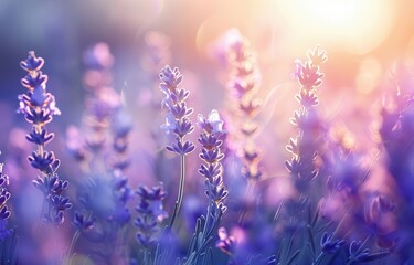 Naklejka premium Soft-focus lavender flowers bathed in sunlight, showcasing a picturesque lavender field and natural landscape in close-up