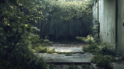 Lush vegetation growing in abandoned building courtyard
