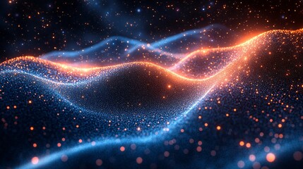 Obraz premium Luminous Blue Particles Flowing Over Soft Hills