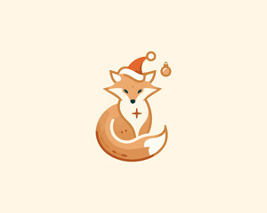 Christmas Fox vector logo design icon illustration. Santa claus cap, Christmas hat fox logo.