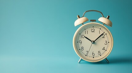 Classic white alarm clock on vibrant turquoise background, minimalist retro style, time concept,...