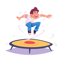 Young cartoon boy in white polo shirt jumping up on trampoline