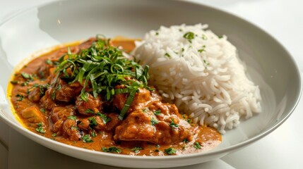  fragrant curry, served with a side of fluffy basmati rice and garnished with fresh herbs, beautifully presented on a white background