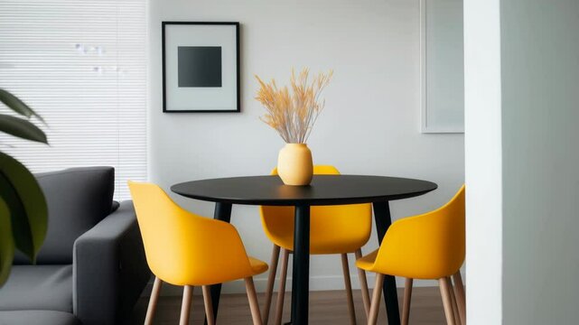 Minimalist interior shot of a modern dining area with a black round table, vibrant yellow chairs, and a yellow vase centerpiece, framed by a cozy gray sofa