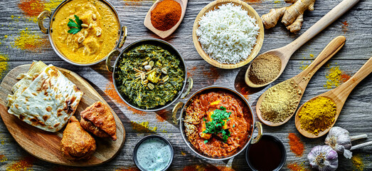 Composition with Indian dishes: madras paneer, palak paneer and shahi paneer with basmati rice served in original indian karahi pots
