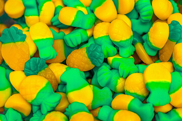 Assorted colorful gummy jelly candies. Top view. Jelly sweets.