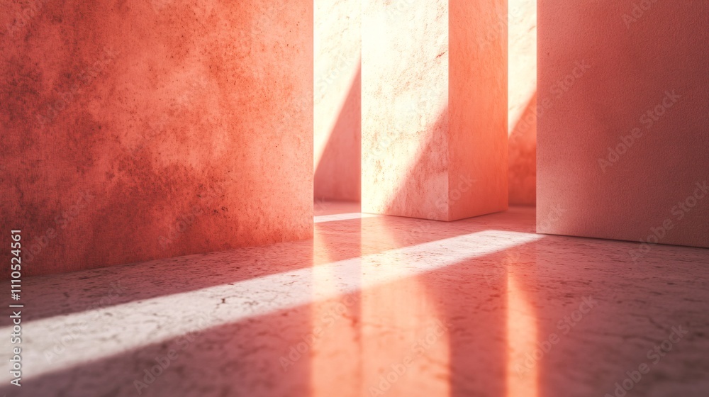 Aufkleber sunlight illuminating empty red geometric space with marble floor