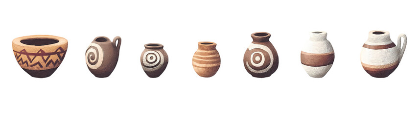 Ceramic pots Ancient clay pottery objects with decorative textures antique vintage jug bowl urn vase pitcher clayware assortment Vector isolated set