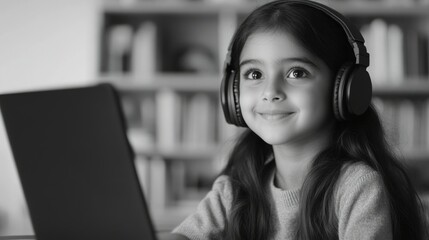 Curious Child with Headphones and Laptop
