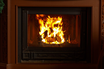 Fireplace close up. Interior with fireplace. Burning wood in the fireplace.